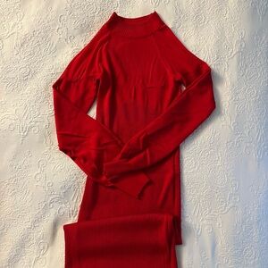 Red Ribbed Bishop Sleeve Knit Dress